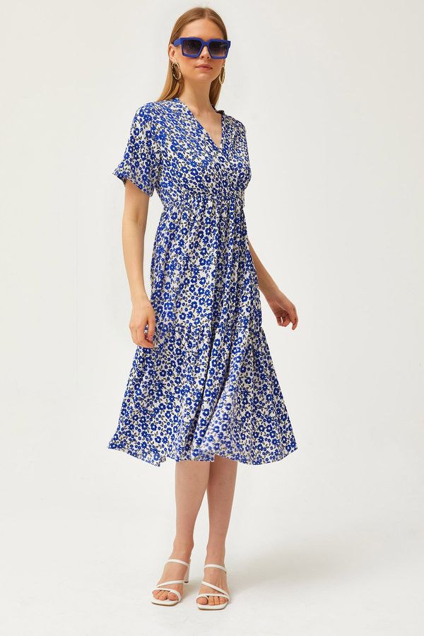 Olalook Olalook Women's Daisy Saks Blue Elastic Waist Double Breasted Collar Patterned Dress