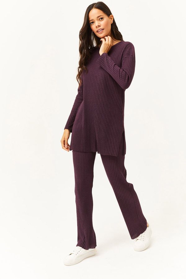 Olalook Olalook Women's Damson Top Slit Blouse Bottom Palazzo Ribbed Suit