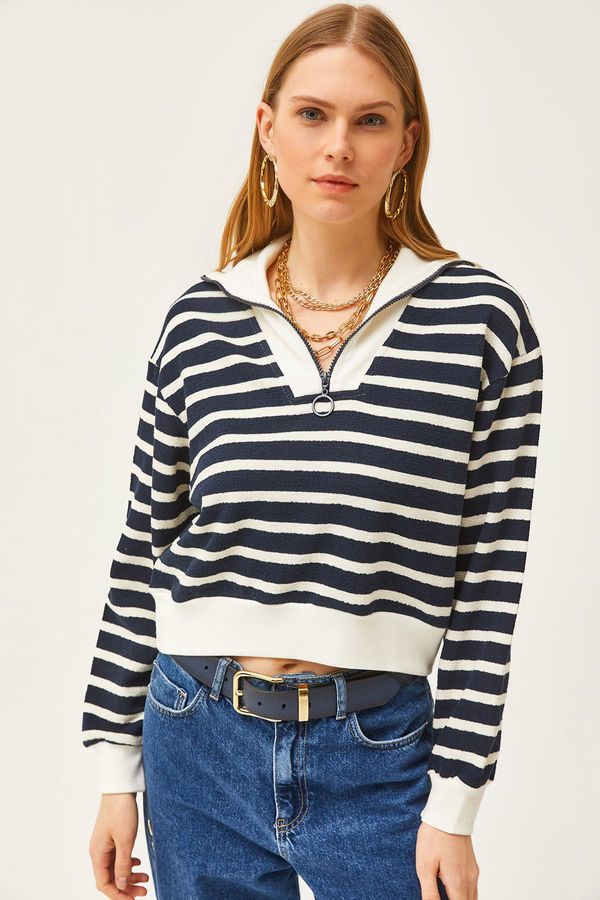 Olalook Olalook Women's Dark Navy High Collar Striped Crop Sweatshirt