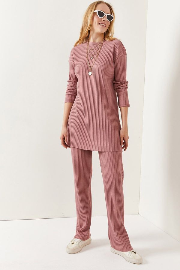 Olalook Olalook Women's Dried Rose Top with a slit blouse Bottom Palazzo Corduroy Suit