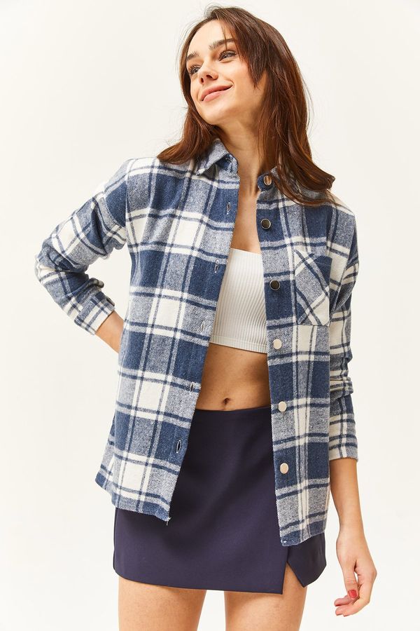 Olalook Olalook Women's Ecru Indigo Single Pocket Thick Plaid Lumberjack Shirt