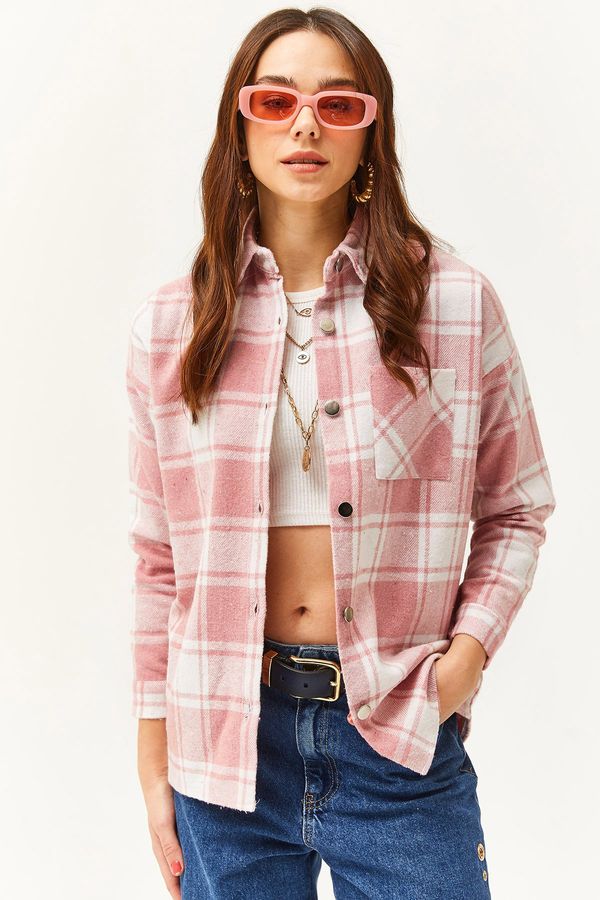 Olalook Olalook Women's Ecru Pale Pink Single Pocket Thick Plaid Lumberjack Shirt