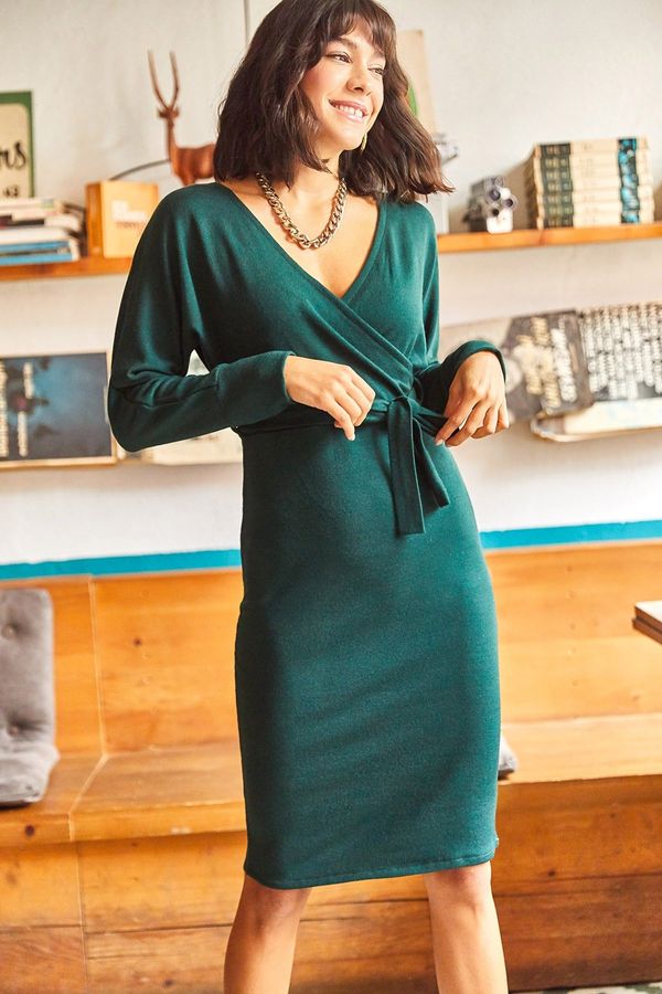 Olalook Olalook Women's Emerald Green Double Breasted Belted Knitwear Dress