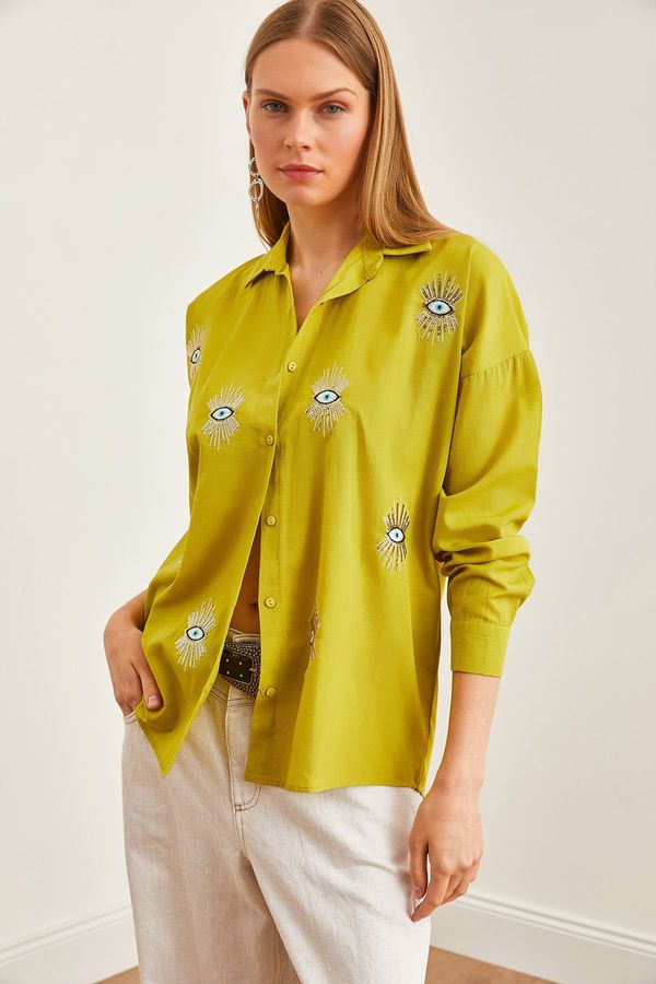 Olalook Olalook Women's Eye Oil Green Sequin Detailed Woven Boyfriend Shirt