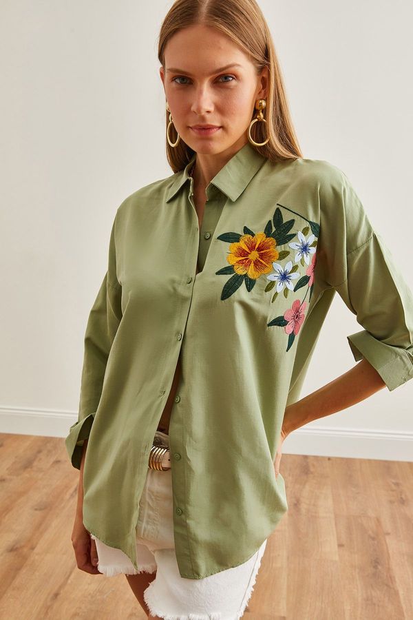 Olalook Olalook Women's Floral Mold Green Embroidery Detailed Oversize Woven Shirt