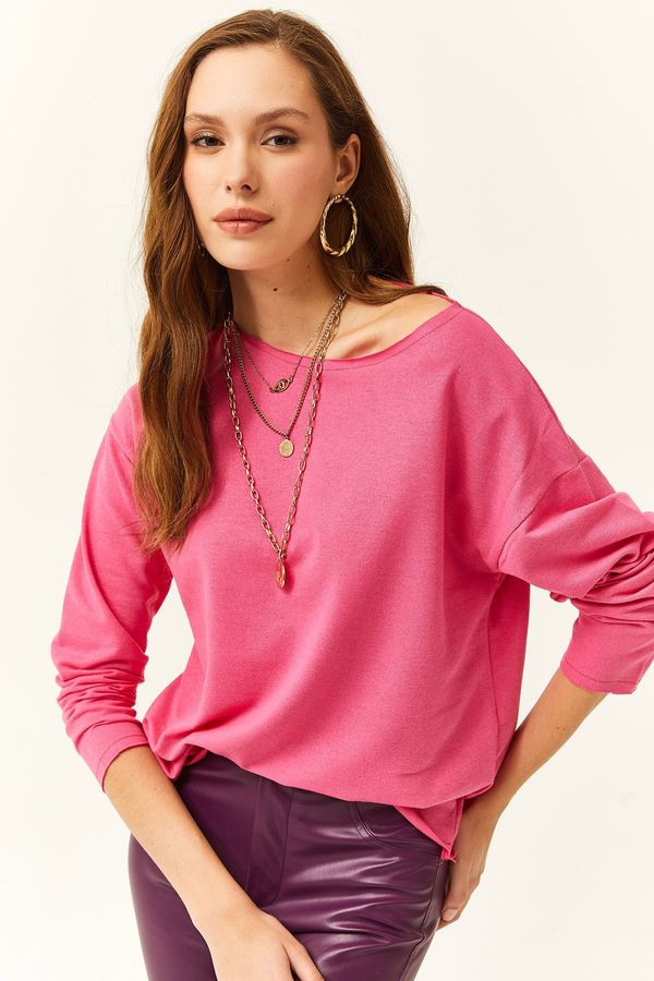 Olalook Olalook Women's Fuchsia Dirty Collar Printed Soft Textured Thin Sweatshirt