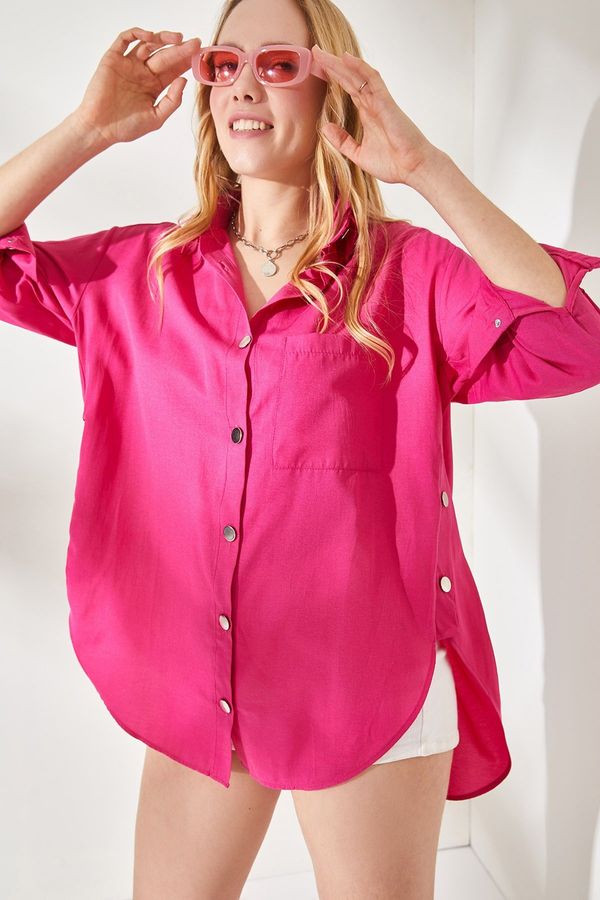 Olalook Olalook Women's Fuchsia Oversized Woven Shirt with Buttons on the Sides
