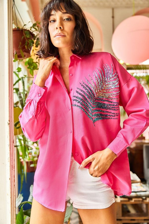 Olalook Olalook Women's Fuchsia Palm Sequin Detailed Oversize Woven Poplin Shirt