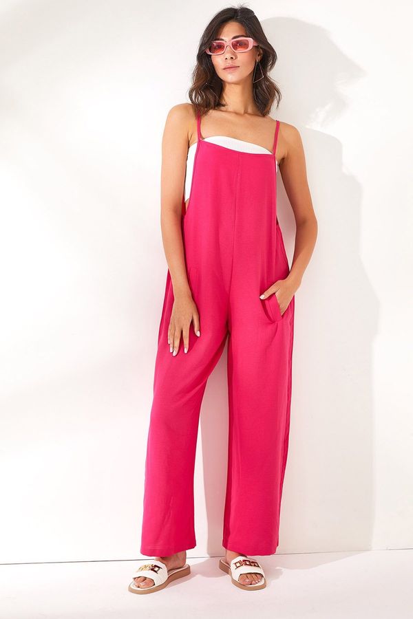 Olalook Olalook Women's Fuchsia Pocket, Straps, Loose, Flowy Jumpsuit