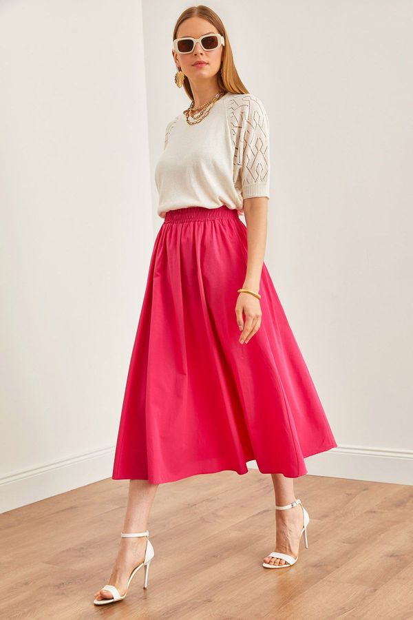 Olalook Olalook Women's Fuchsia Pocketed Elastic Waist Midi Woven Bell Skirt