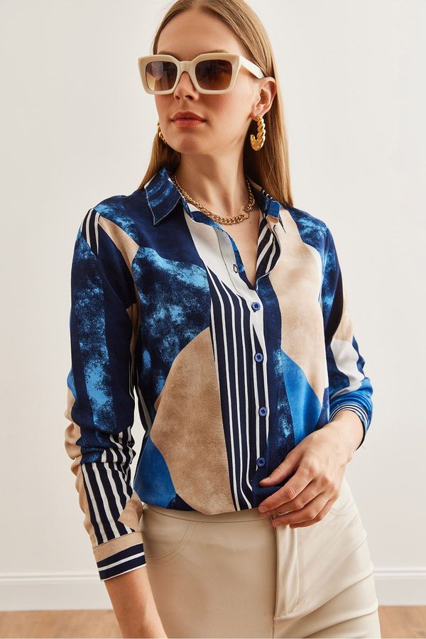 Olalook Olalook Women's Geometric Navy Blue Woven Viscose Long Sleeve Flowy Shirt