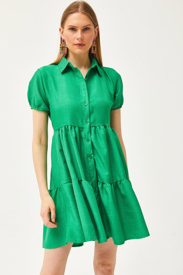 Olalook Olalook Women's Grass Green Pieced Linen Content Shirt Dress