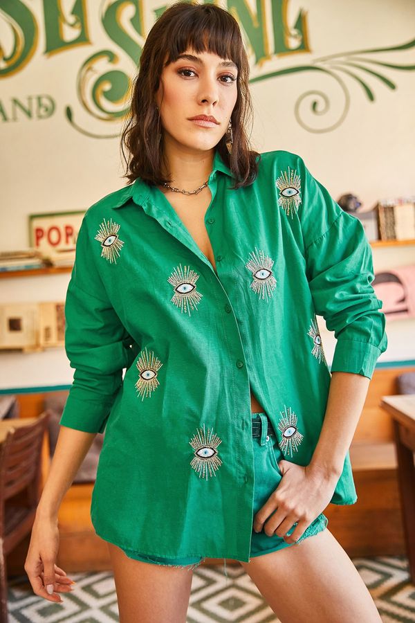 Olalook Olalook Women's Grass Green Sequin Detailed Woven Boyfriend Shirt
