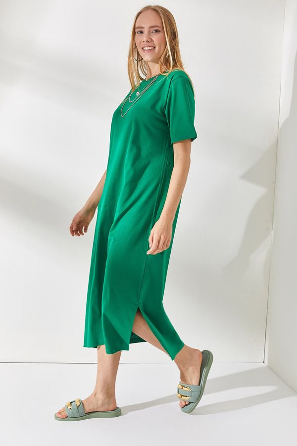 Olalook Olalook Women's Grass Green Side Slit Oversize Cotton Dress