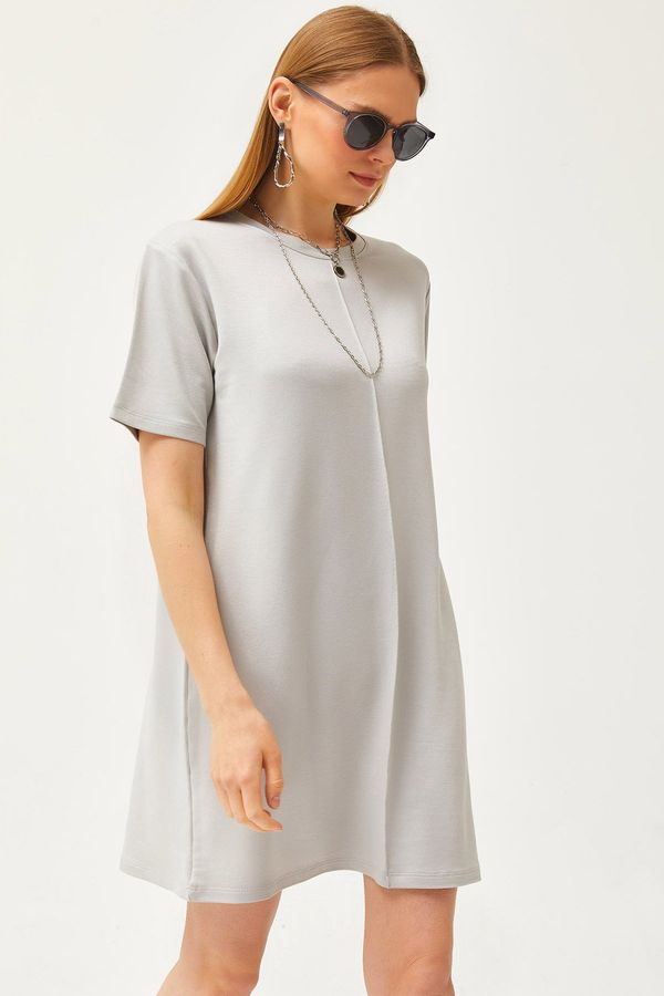 Olalook Olalook Women's Gray Front Stitched Soft Textured Mini Dress