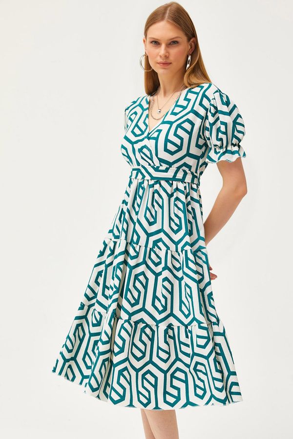 Olalook Olalook Women's Green Belted Double Breasted Patterned Dress