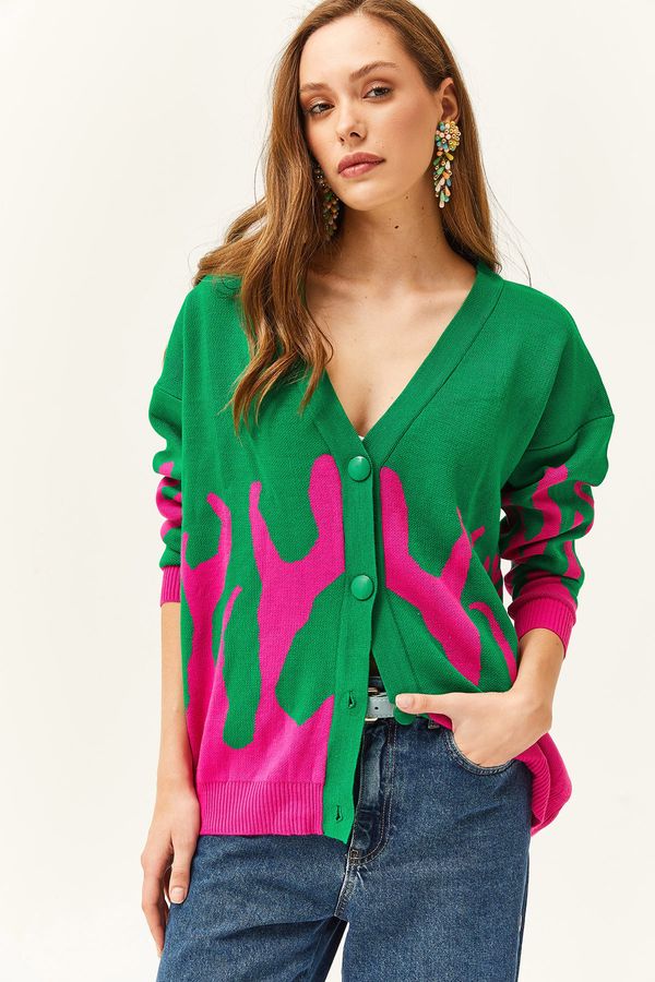 Olalook Olalook Women's Green Fuchsia Juicy Patterned Oversize Knitwear Cardigan