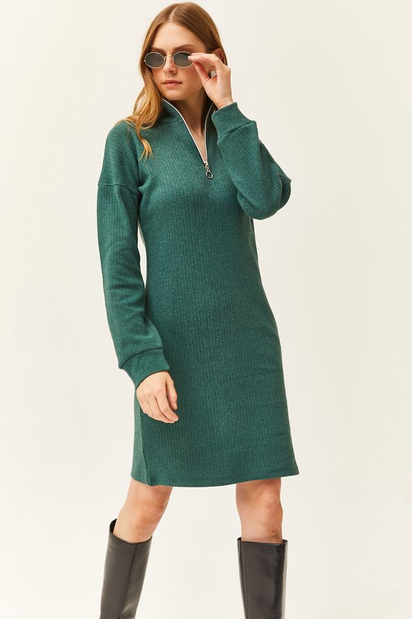 Olalook Olalook Women's Green High Collar Zippered Casual Dress