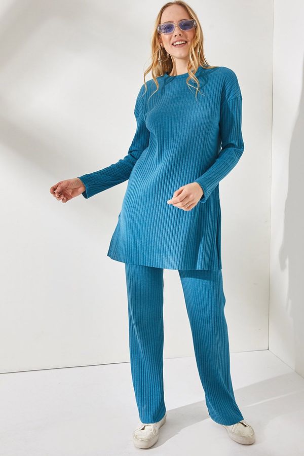 Olalook Olalook Women's Indigo Top, Slit Blouse Bottom Palazzo Corduroy Suit