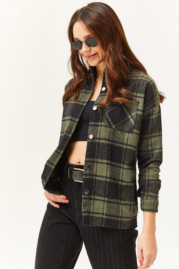 Olalook Olalook Women's Khaki Black Single Pocket Thick Plaid Lumberjack Shirt