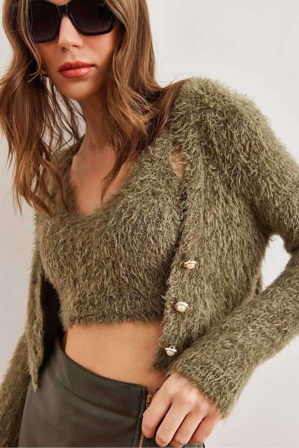 Olalook Olalook Women's Khaki Undershirt Bustier Top Cardigan Bearded Knitwear Set