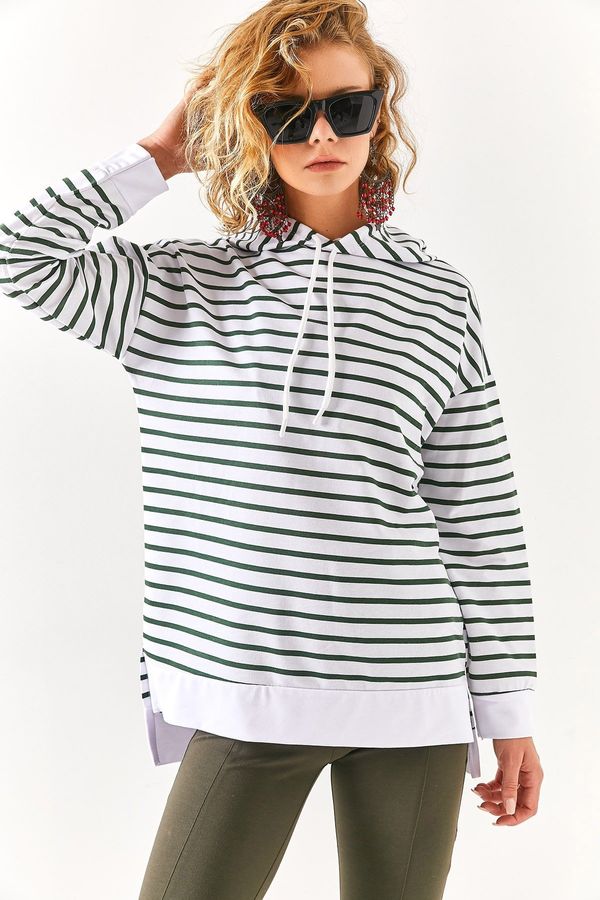 Olalook Olalook Women's Khaki White Hooded Striped Sweatshirt with Side Slits