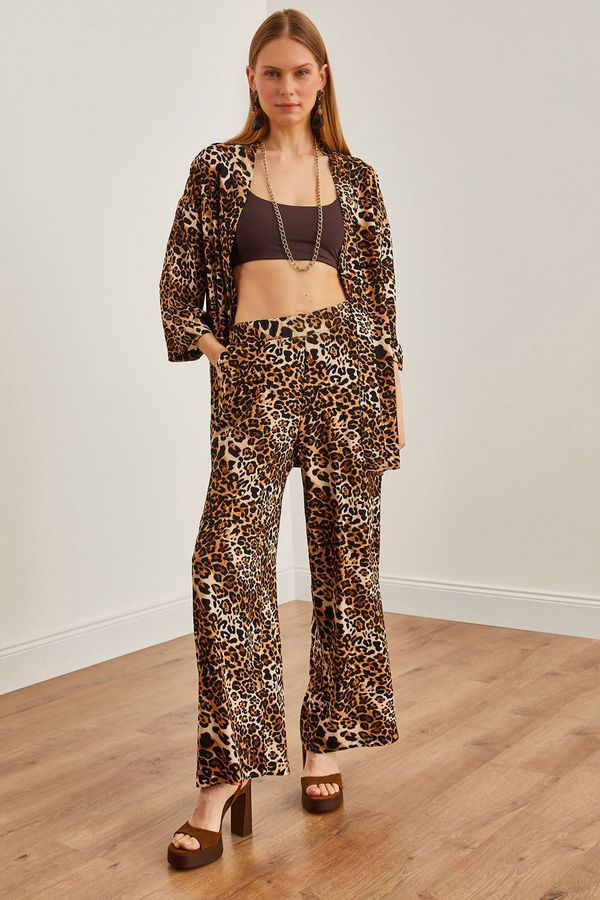Olalook Olalook Women's Leopard Black Top Kimono Bottom Pocket Palazzo Trousers Set