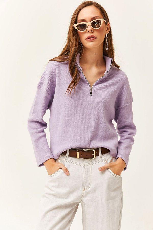 Olalook Olalook Women's Lilac Zipper High Neck Raised Sweater