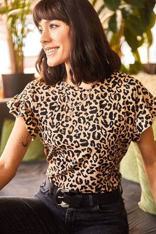 Olalook Olalook Women's Mink Leopard Sleeve Frilly Camisole T-Shirt