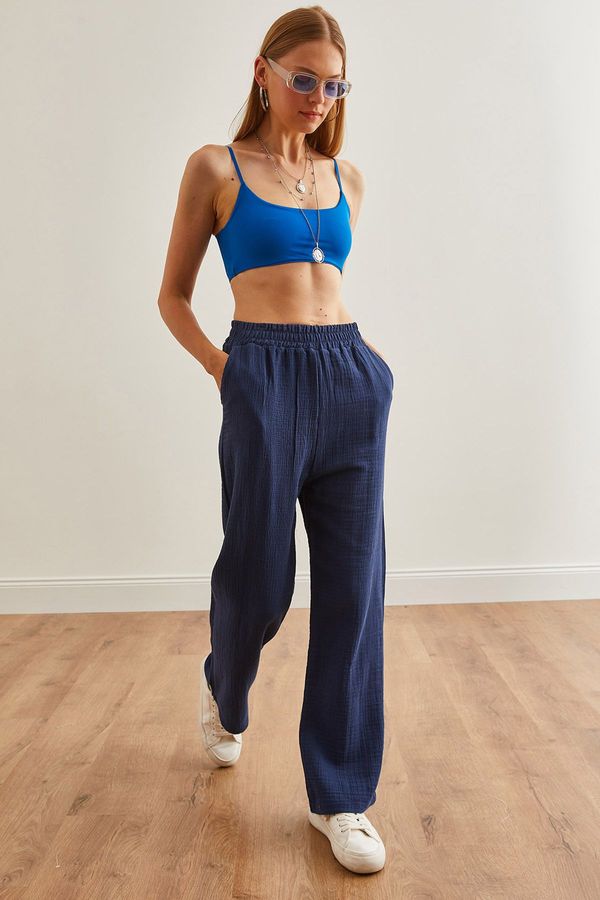 Olalook Olalook Women's Navy Blue Elastic Waist Pocket Muslin Trousers