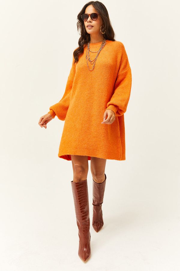 Olalook Olalook Women's Orange Crew Neck Balloon Sleeve Soft Textured Knitwear Tunic Dress