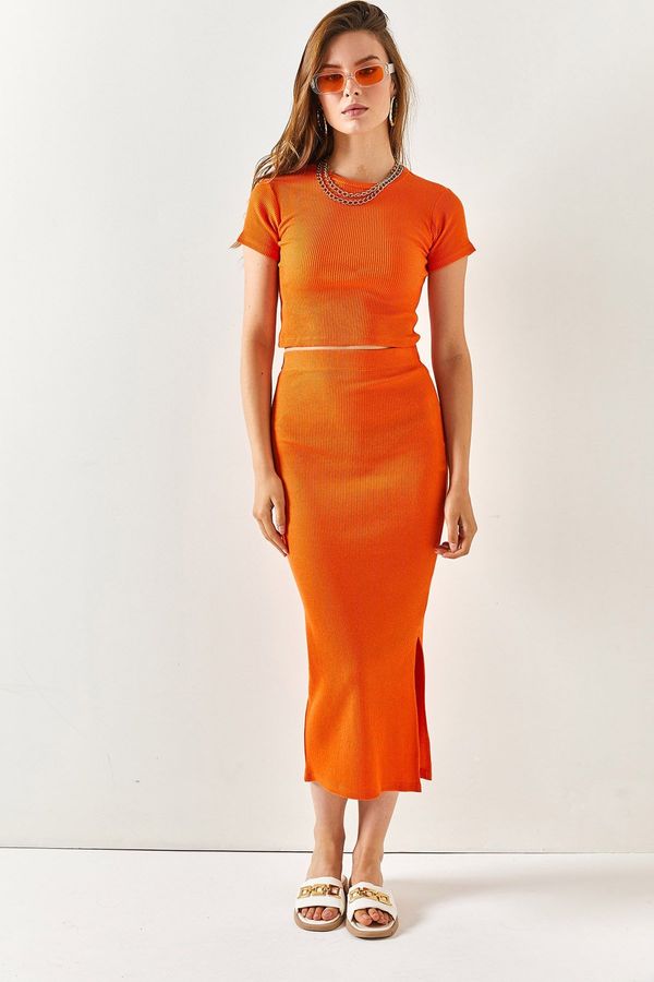 Olalook Olalook Women's Orange Lycra Short Sleeved Slit and Skirt Set