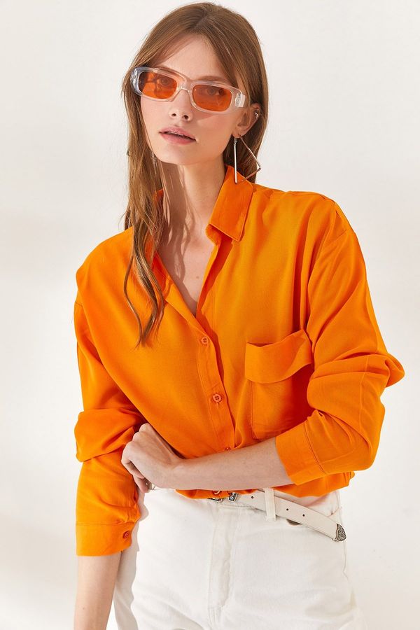 Olalook Olalook Women's Orange One Pocket Woven Viscose Shirt