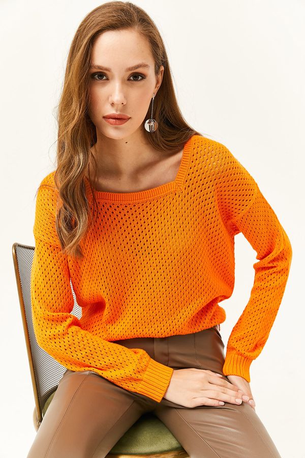 Olalook Olalook Women's Orange Square Neck Openwork Knitwear Sweater