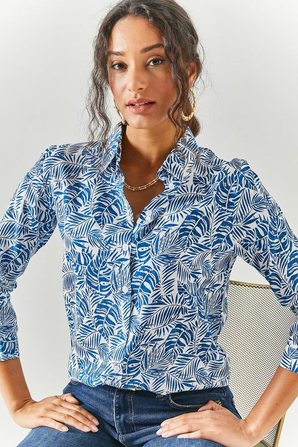 Olalook Olalook Women's Palm Navy Blue Patterned Shirt