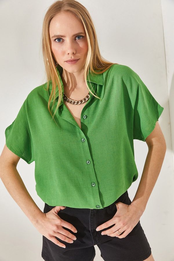 Olalook Olalook Women's Peanut Green Bat Oversize Linen Shirt