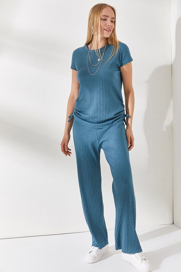 Olalook Olalook Women's Petrol Blue Gathered Side Blouse Palazzo Trousers Suit