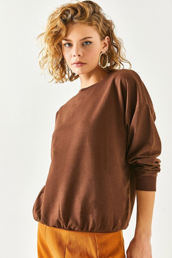 Olalook Olalook Women's Plain Dark Brown Basic Soft Textured Loose Sweatshirt