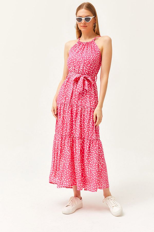 Olalook Olalook Women's Polka Dot Fuchsia Halter Neck Belted Woven Viscon Dress