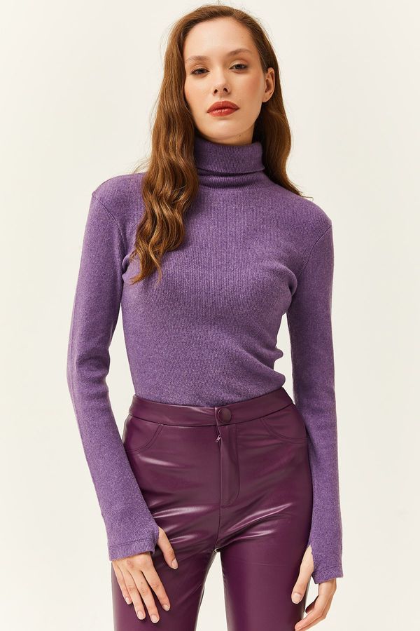 Olalook Olalook Women's Purple Turtleneck Finger Detailed Lycra Blouse