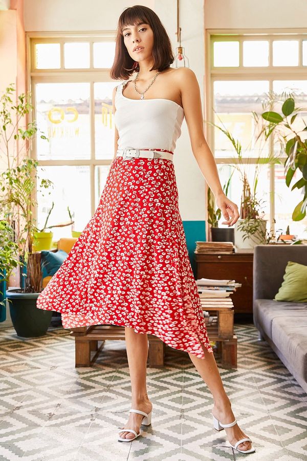 Olalook Olalook Women's Red Buds Asymmetrical Patterned Skirt