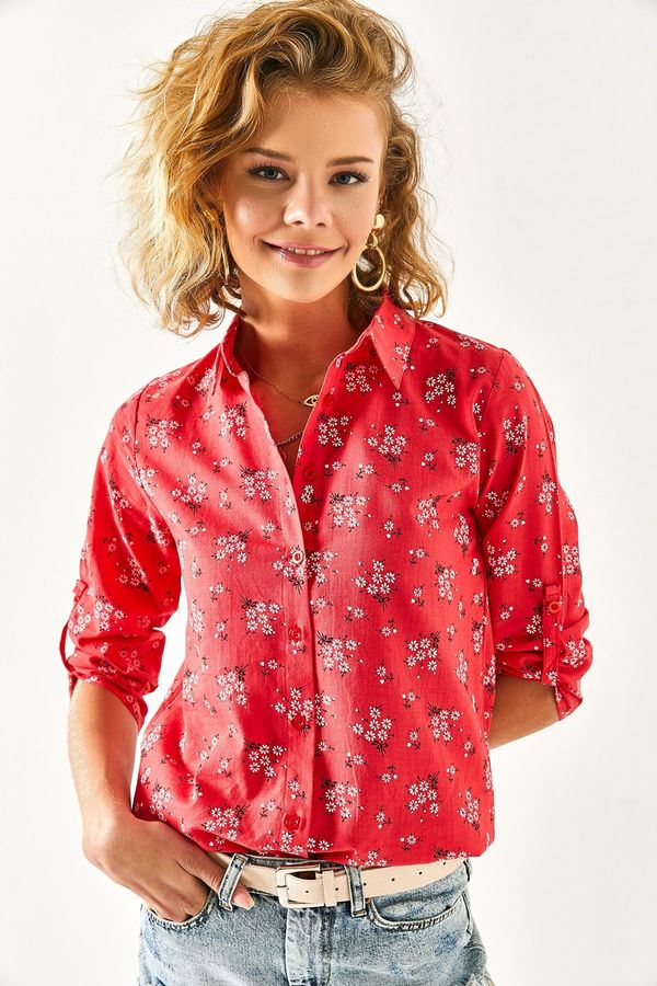 Olalook Olalook Women's Red Floral Foldable Linen Shirt with Sleeves