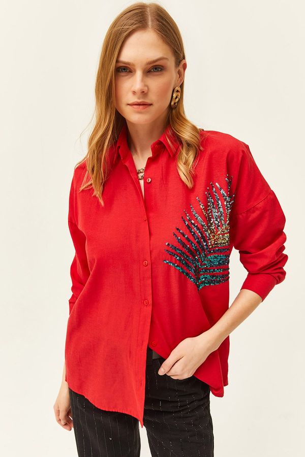 Olalook Olalook Women's Red Palm Sequin Detailed Oversize Woven Poplin Shirt