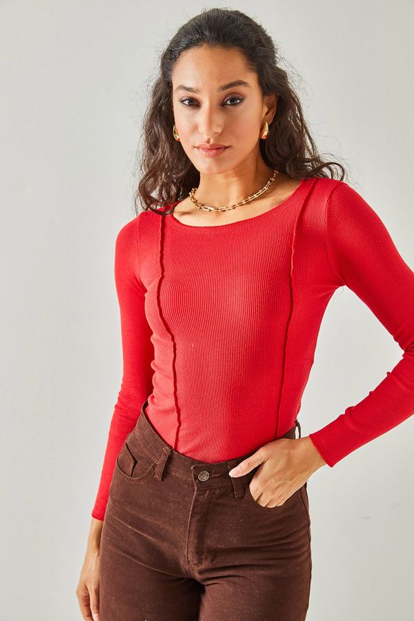 Olalook Olalook Women's Red Stitch Detail Crop Lycra Blouse