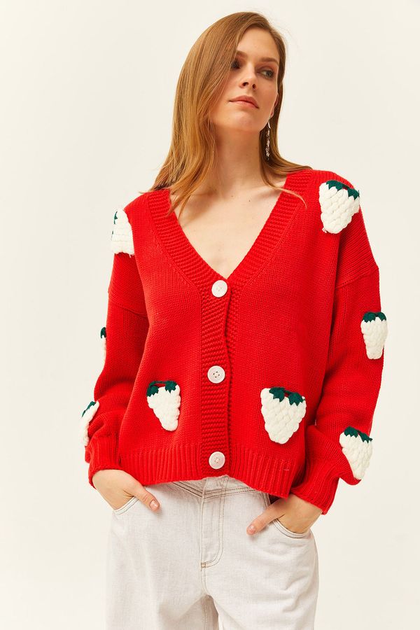 Olalook Olalook Women's Red Strawberry Garnish Buttoned Knitwear Cardigan
