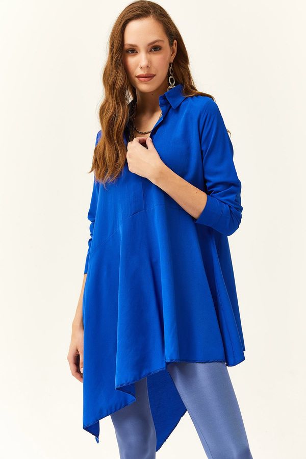 Olalook Olalook Women's Saks Blue Shirt Collar Asymmetrical Tunic