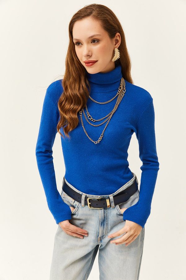 Olalook Olalook Women's Saks Blue Turtleneck Finger Detailed Lycra Blouse