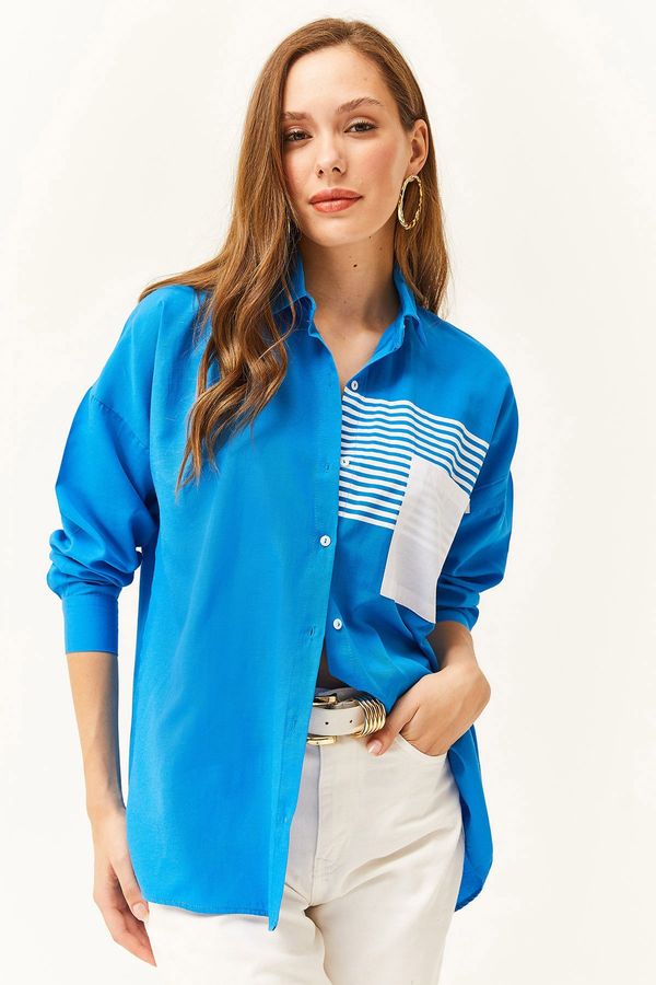 Olalook Olalook Women's Saxe Blue Pocket Detailed Oversize Woven Shirt