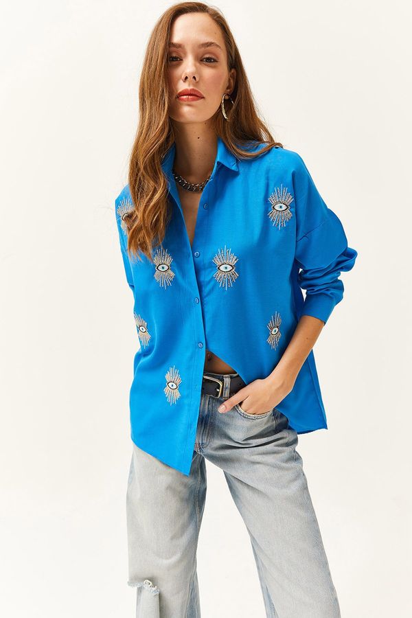 Olalook Olalook Women's Saxe Blue Sequin Detailed Woven Boyfriend Shirt