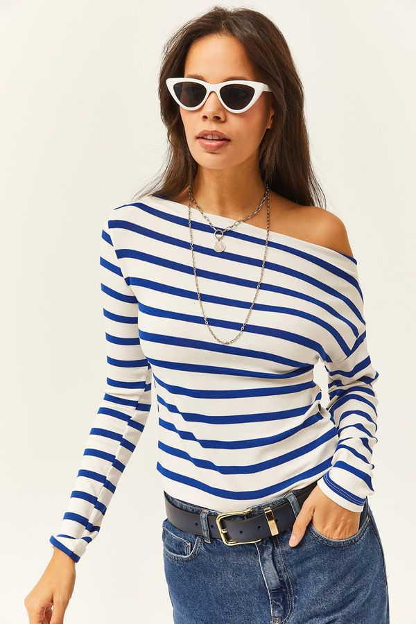 Olalook Olalook Women's Saxe Blue Striped Premium Soft Touch Boat Neck Flexible Blouse